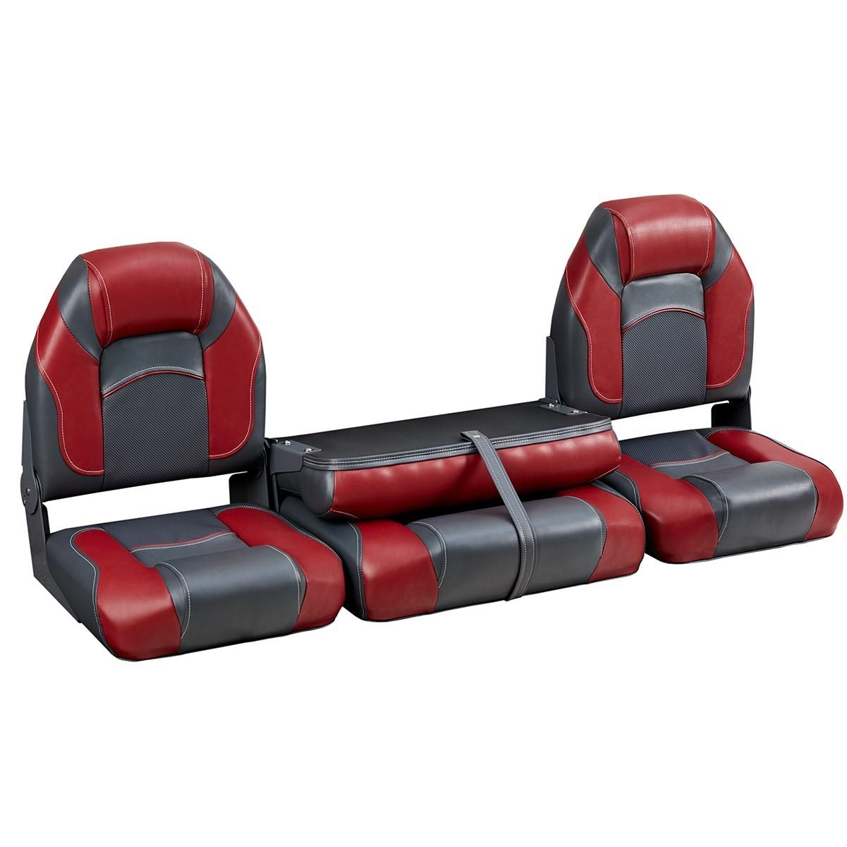 DeckMate Bass Boat Folding Bench Set with wide Jump Seat closed #color_charcoal & red