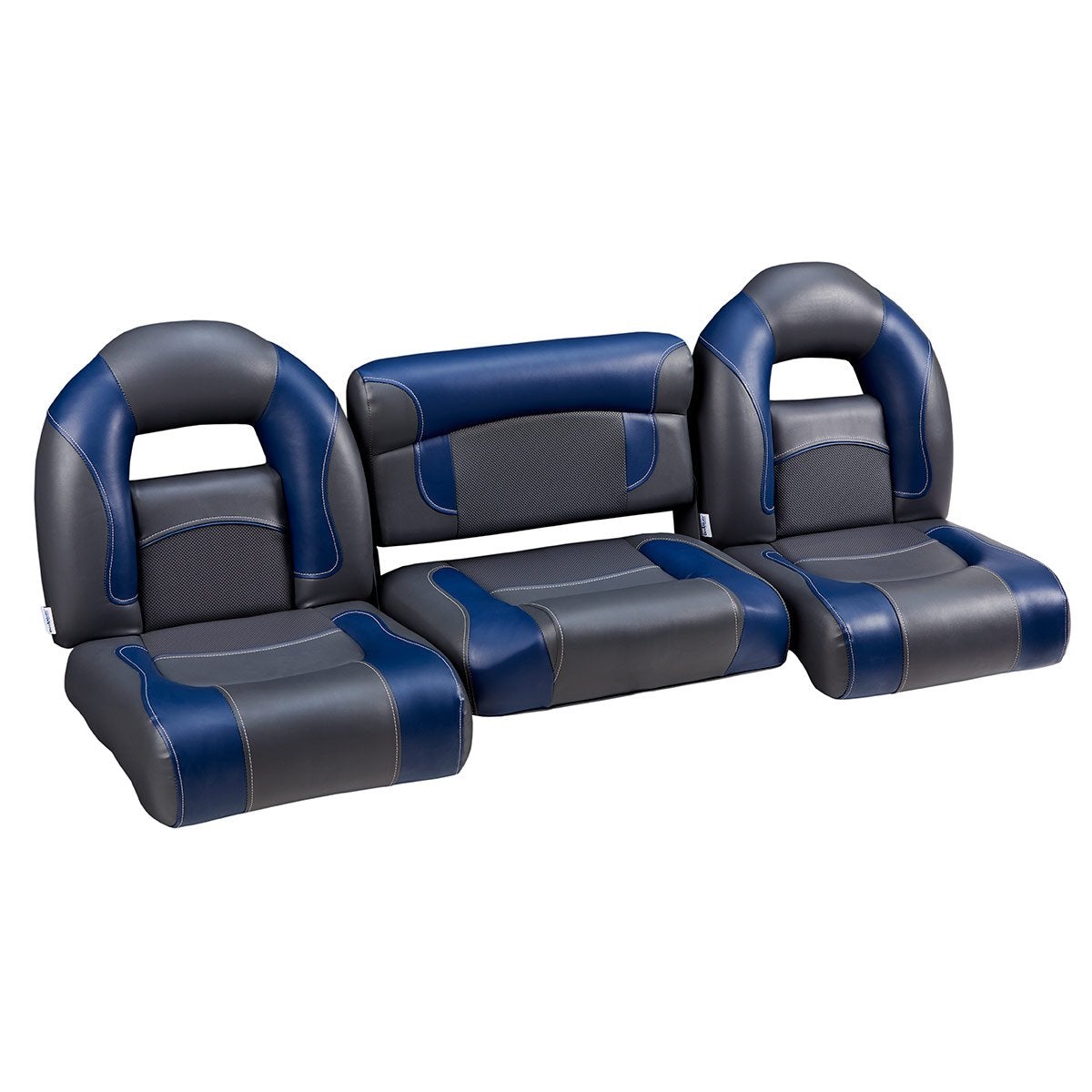 DeckMate Compact Bass Boat Bench Set with wide folding middle seat #color_charcoal & blue