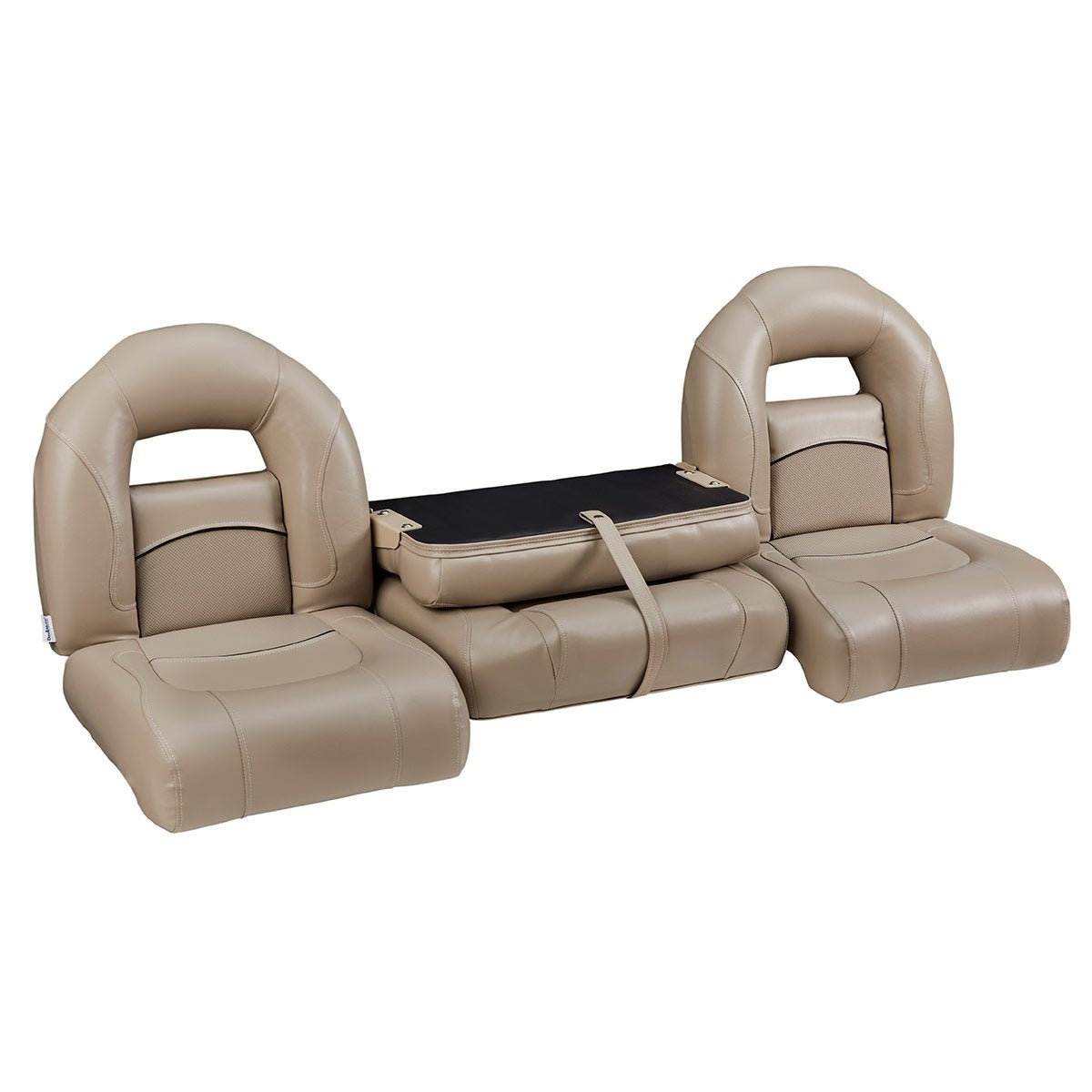 DeckMate Compact Bass Boat Bench Set with wide folding middle seat closed #color_tan