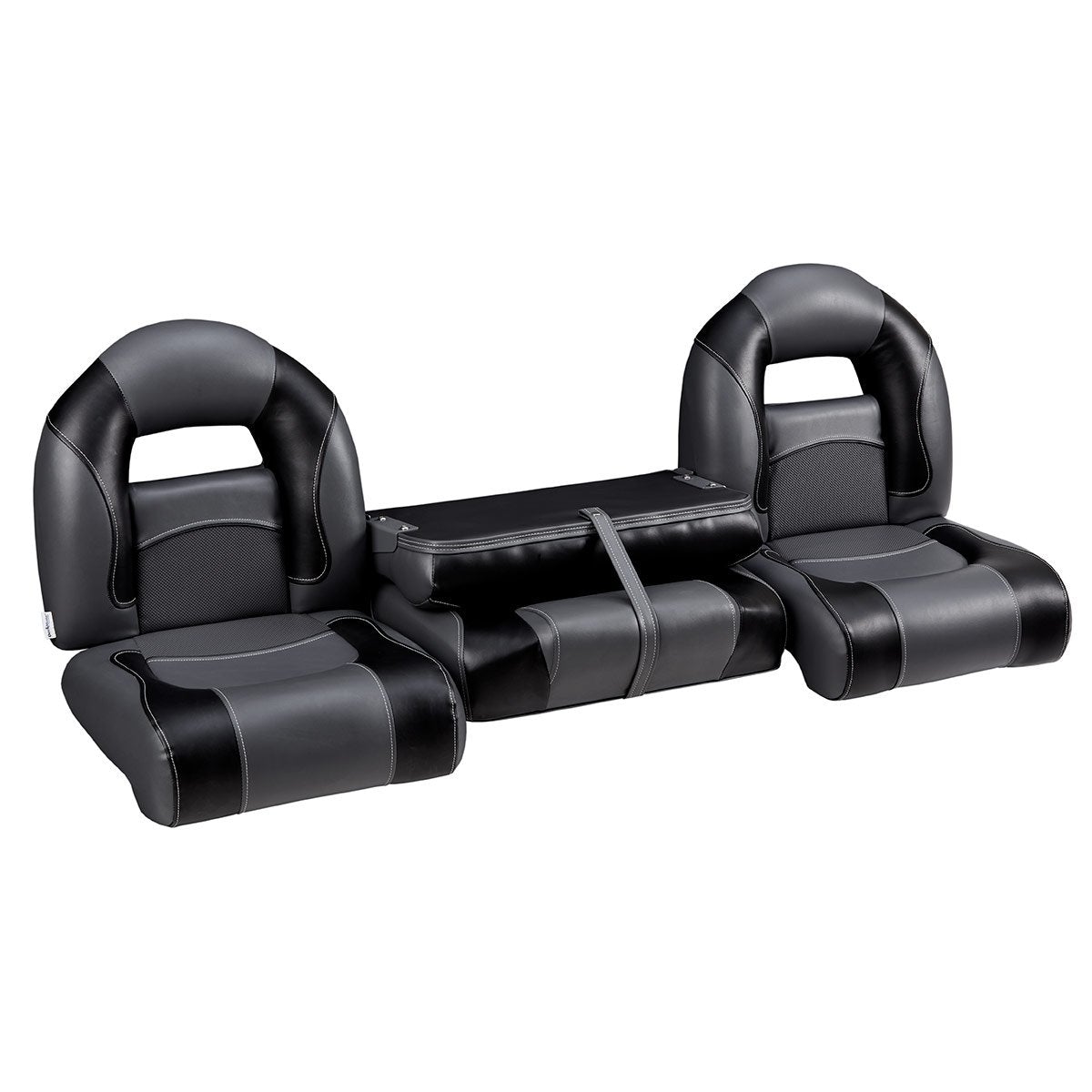 DeckMate Compact Bass Boat Bench Set with wide folding middle seat closed #color_charcoal & black