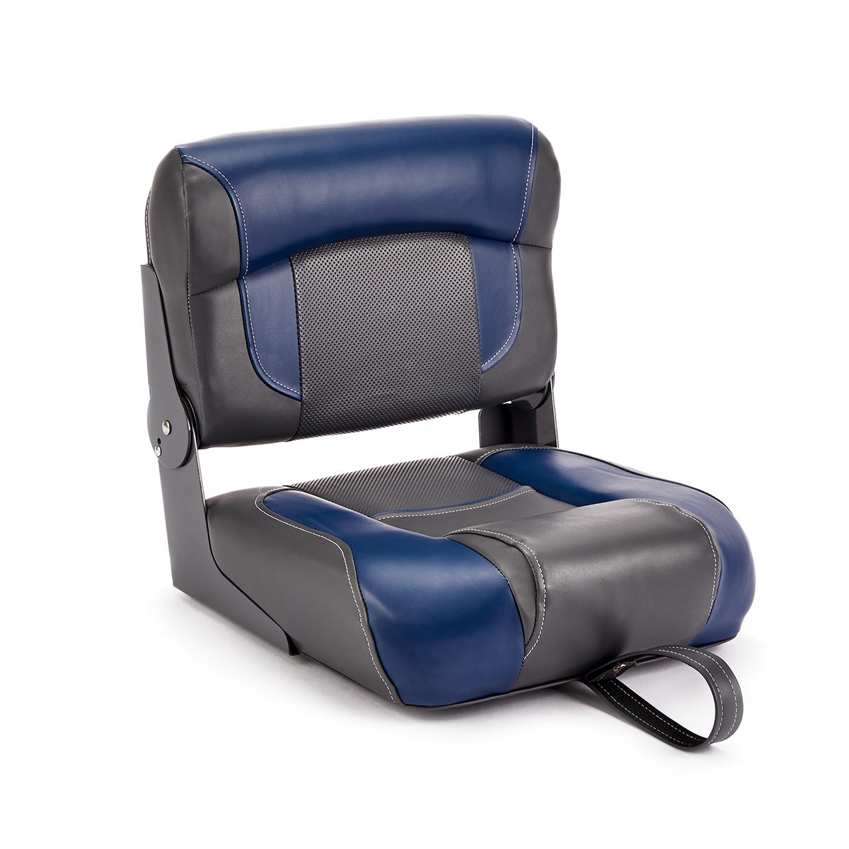 Hinge Mount Low Back Folding Boat Seat Charcoal Blue Marine Grade Vinyl for sale #color_charcoal & blue