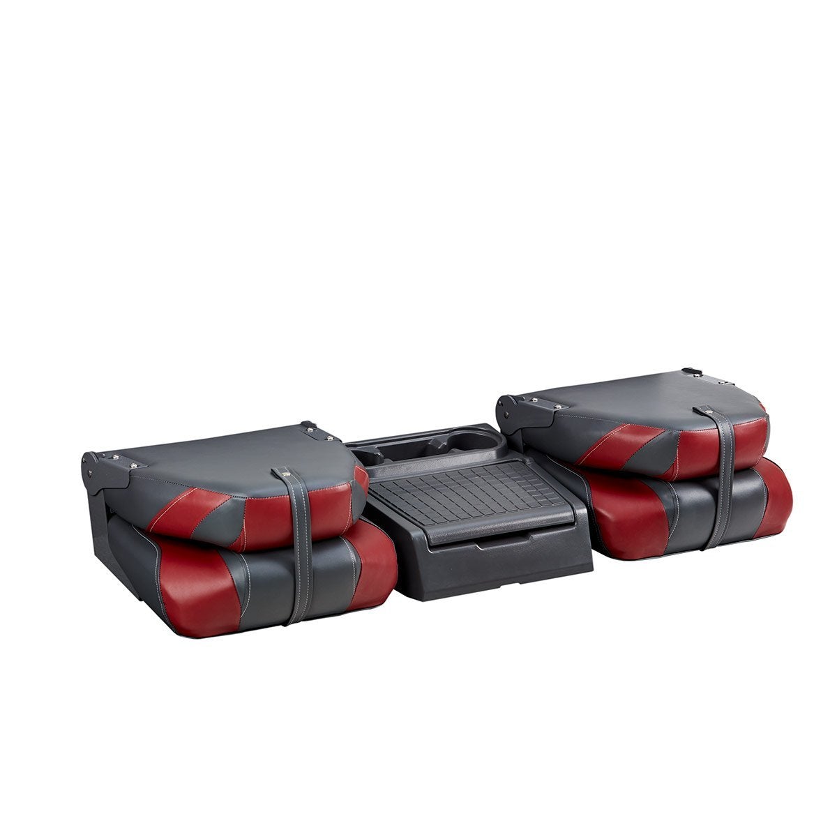 DeckMate Bass Boat Folding Bench Seat Set with center console closed #color_charcoal & red