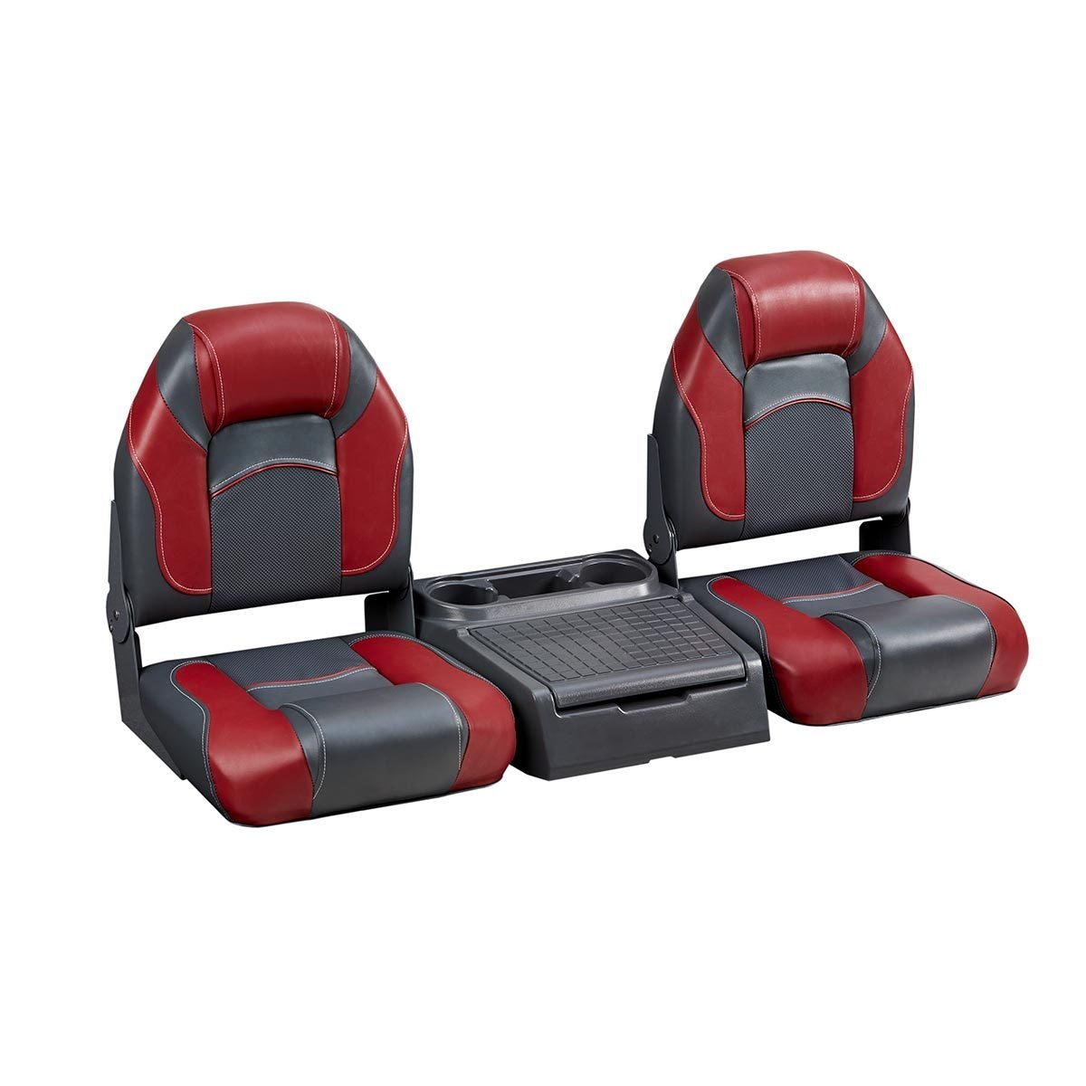 DeckMate Bass Boat Folding Bench Seat Set with center console #color_charcoal & red