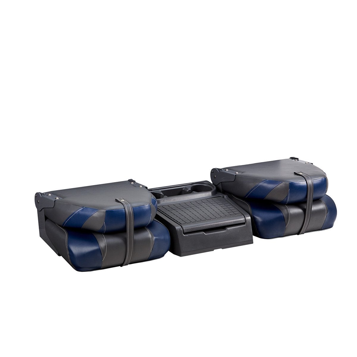 DeckMate Bass Boat Folding Bench Seat Set with center console closed #color_charcoal & blue
