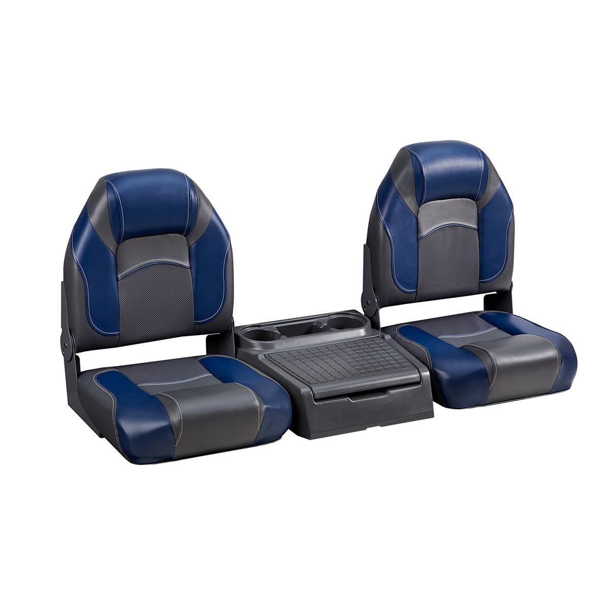 DeckMate Bass Boat Folding Bench Seat Set with center console #color_charcoal & blue
