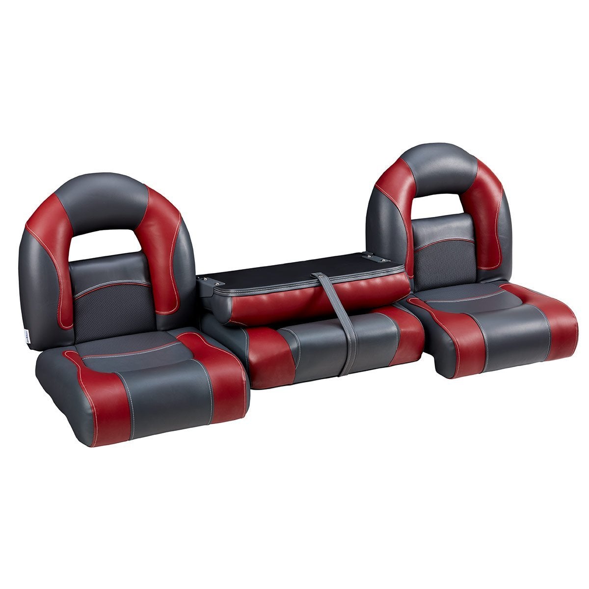 DeckMate Compact Bass Boat Bench Set with wide folding middle seat closed #color_charcoal & red