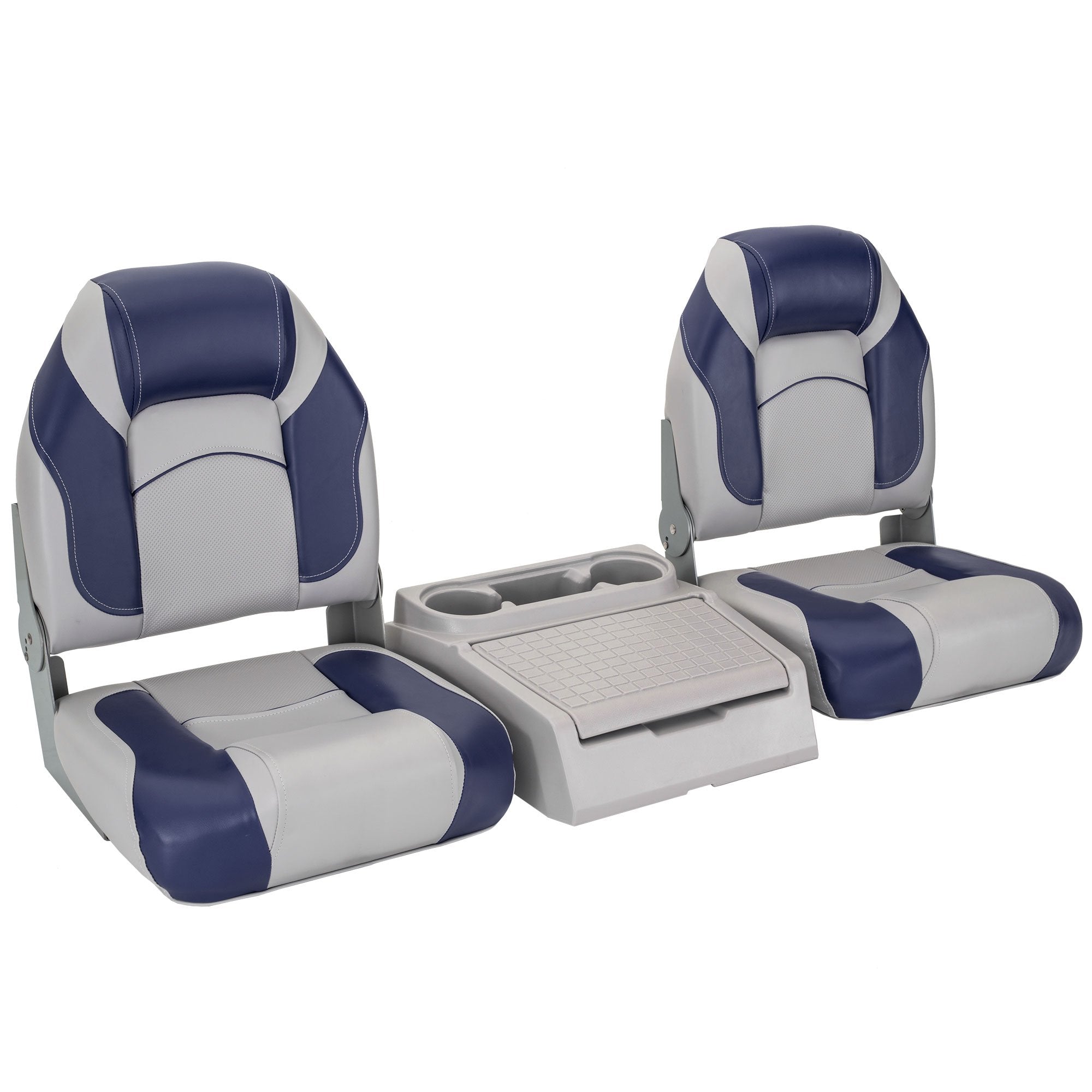 DeckMate Bass Boat Folding Bench Seat Set with center console #color_gray & blue